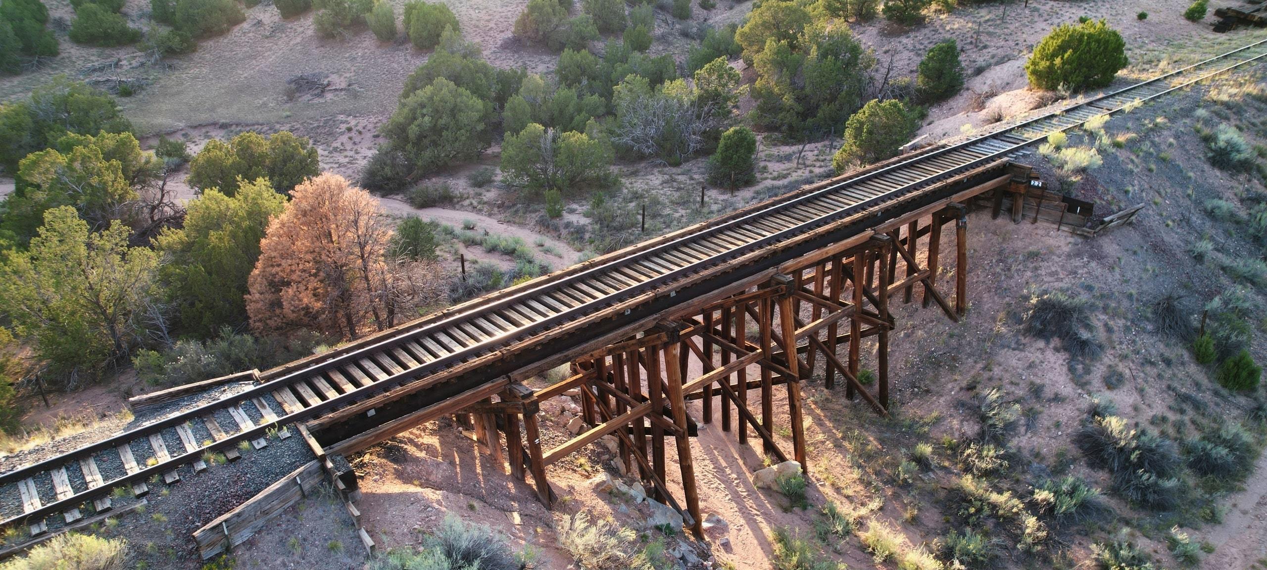 Aerial view of Santa Fe, NM landscape and railroad tracks
